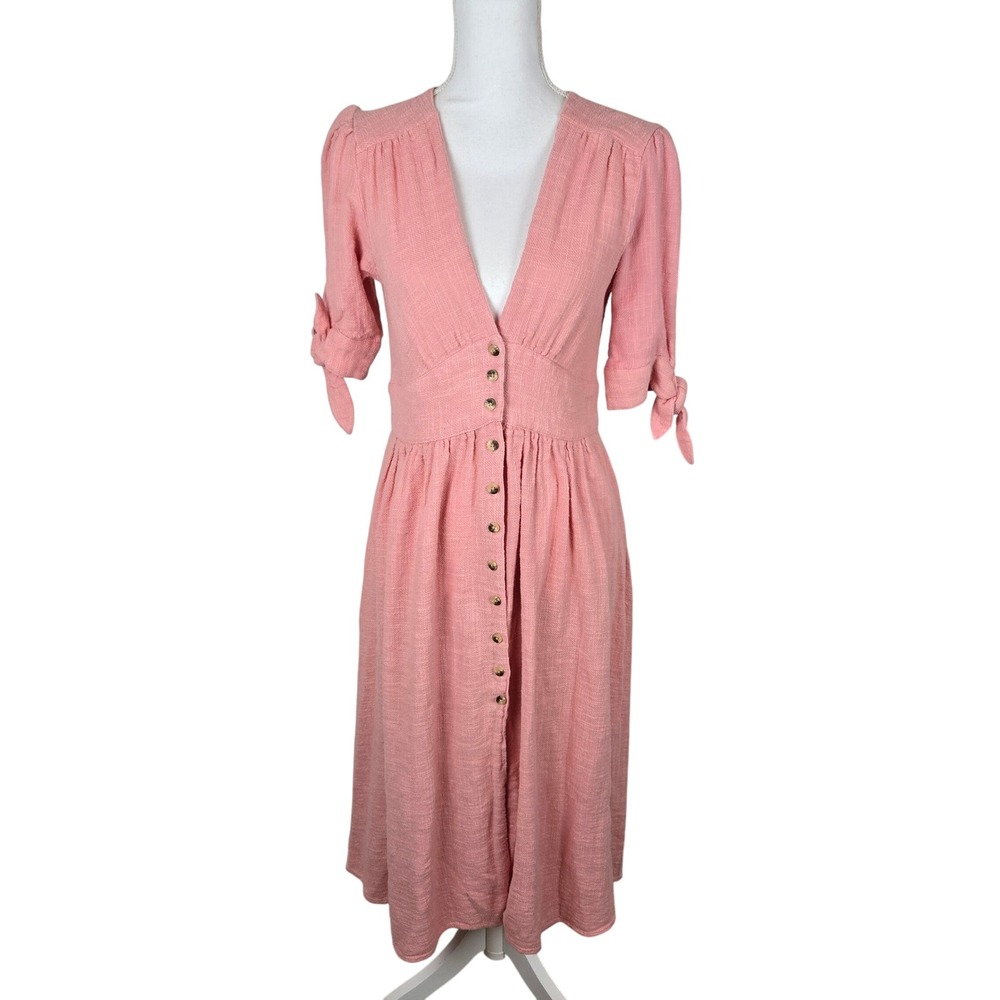 Free People Love of My Life‎ Dress S Button Midi Linen Rose Pink Peasant Boho